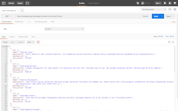 RailsEngine merchant items endpoint postman screenshot